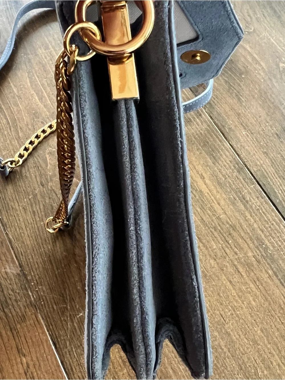 Ann Taylor grey suede envelope crossbody bag with gold chain